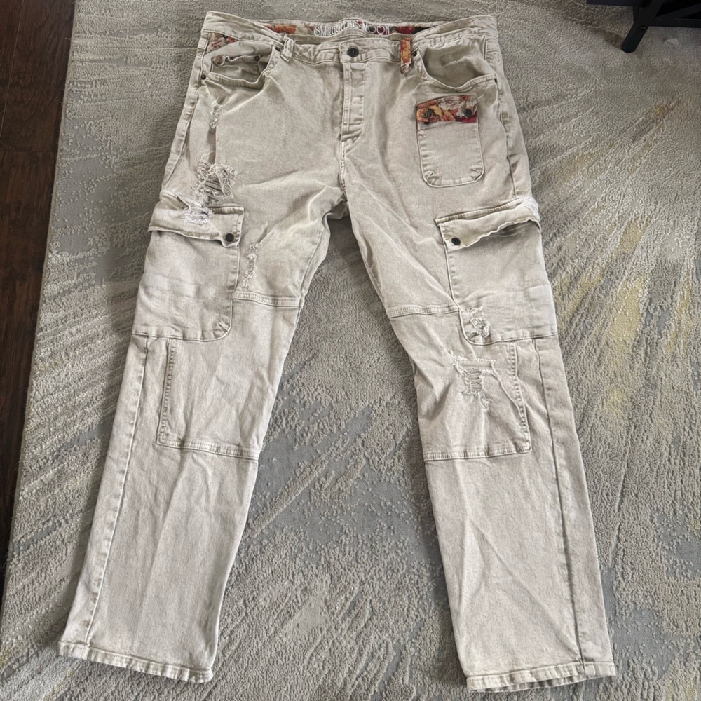 Smugglers Moon jeans distressed cream cargo style slim fit  size 42